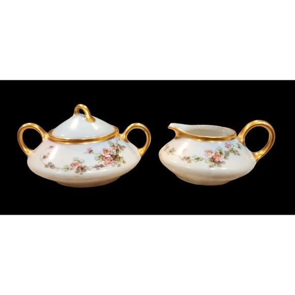 J & C Bavaria hand painted Sugar and Creamer set Anemone Pink Flowers, Gold Trim - Picture 1 of 4